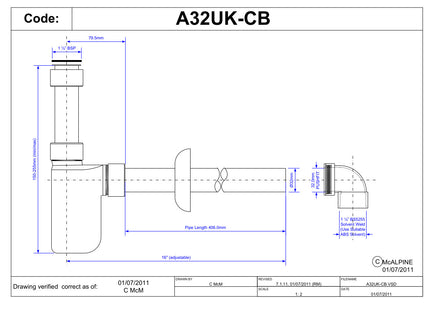 McAlpine A32UK-CB 75mm Water Seal Chrome Plated Brass Adjustable Inlet Cylindrical Bottle Trap