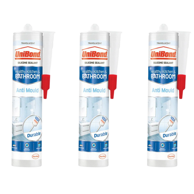 Unibond Anti-Mould Kitchen & Bathroom Sealant Cartridge Translucent 274G (Pack of 3)