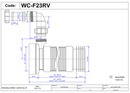 McAlpine WC-F23RV 97-107mm Inlet x 4"/110mm Outlet Flexible WC Connector with 1¼ Universal Vent Boss.