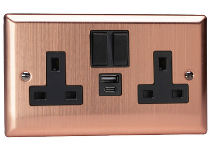 Varilight Double Socket With 20W Shared Usb A & C Charging Ports Brushed Chrome