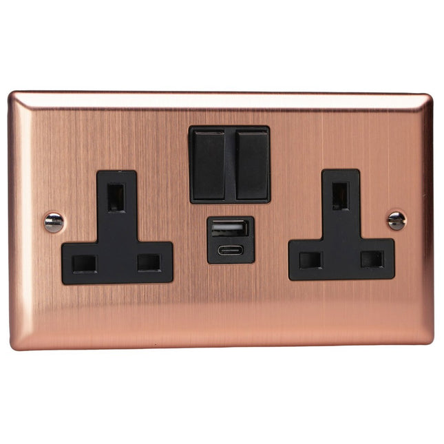 Varilight Double Socket With 20W Shared Usb A & C Charging Ports Brushed Chrome