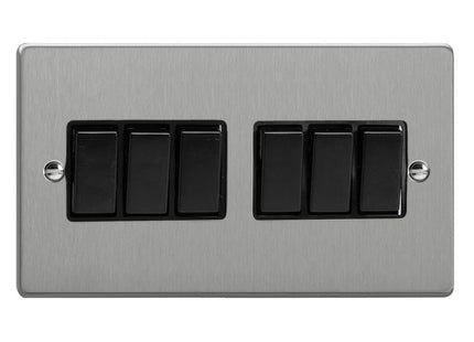 Varilight 6-Gang 10A 1- Or 2-Way Rocker Switch (Twin Plate) Brushed Silver