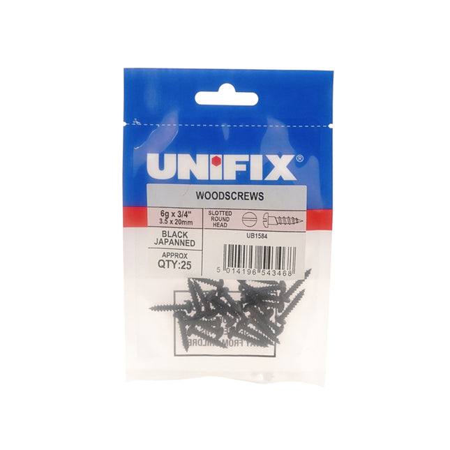 Unifix Woodscrews Slotted Round Head Black Japanned - 6G x 3/4" (3.5 x 20mm) (Box of 125)