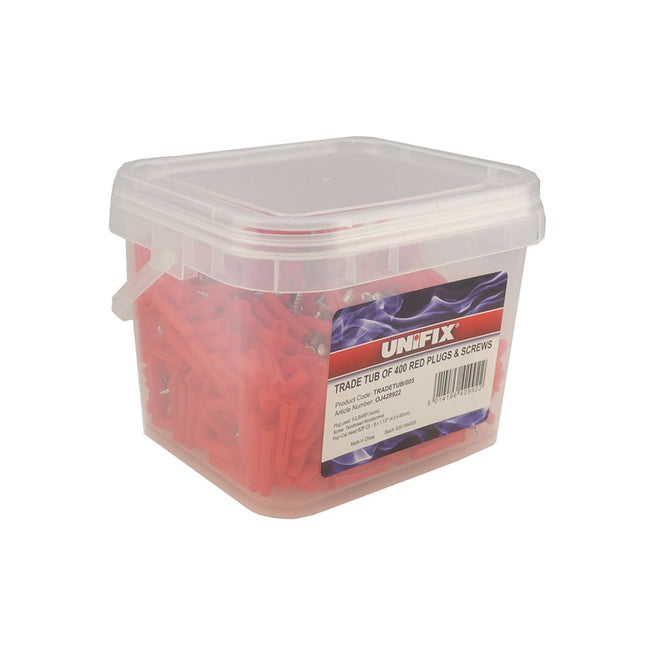 Unifix Trade Tub of 400 Red Plugs C/W Screws - TRADETUB/005