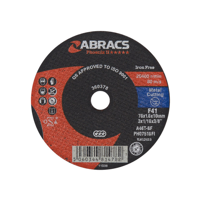 Abracs Phoenix Long Life Extra Thin Cutting Disc Inox - 75 x 1.6 x 10mm (Box of 100)