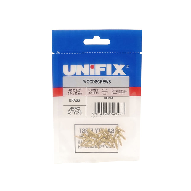 Unifix Brass Woodscrews Slotted Countersunk Head - 8G x 1.1/2" (4.0 x 40mm) (Box of 100)