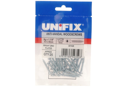 Unifix Anti-Vandal Woodscrews Slotted Raised C/Sunk Clutch Head Bright Zinc Plated - 10g x 1.1/2" (5.0 x 40mm) (Box of 250)