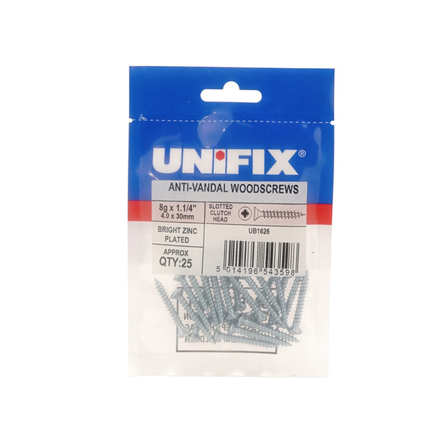 Unifix Anti-Vandal Woodscrews Slotted Raised C/Sunk Clutch Head Bright Zinc Plated - 10g x 1.1/2" (5.0 x 40mm) (Box of 250)