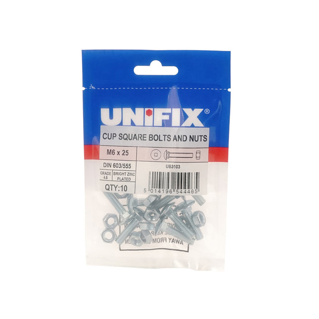 Unifix Grade 4.8 Cup Square Hex Bolts And Nuts DIN 603/555 Bright Zinc Plated - M6 x 40 (Box of 50)