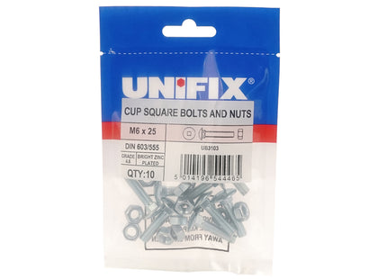 Unifix Grade 4.8 Cup Square Hex Bolts And Nuts DIN 603/555 Bright Zinc Plated - M12 x 180 (Box of 20)