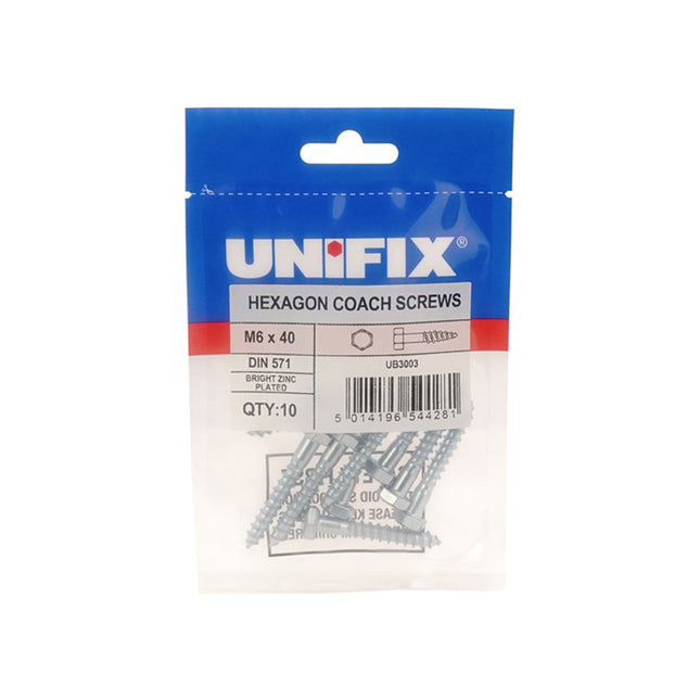Unifix Coach Screws Hexagon Head DIN 571 Bright Zinc Plated - M10 x 75 (Box of 25)