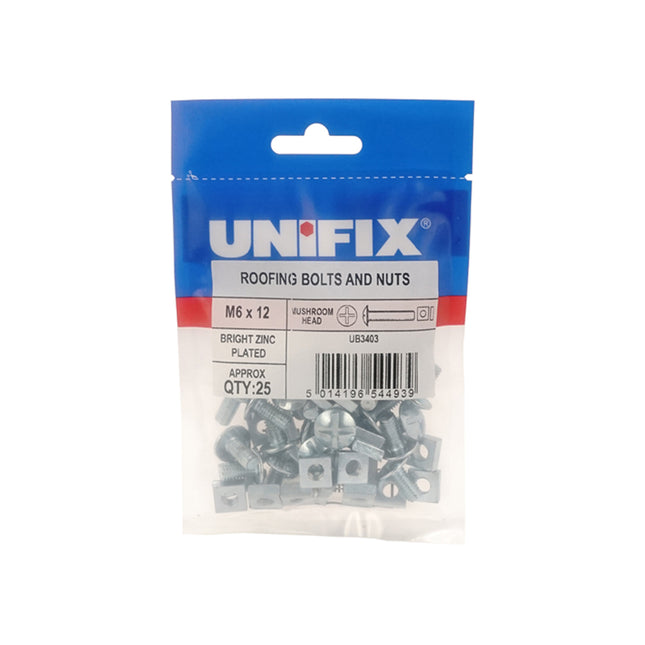 Unifix Mushroom Head Roofing Bolts And Nuts Bright Zinc Plated - M6 x 80 (Box of 50)