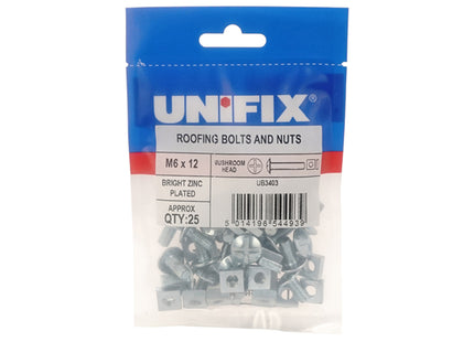 Unifix Mushroom Head Roofing Bolts And Nuts Bright Zinc Plated - M6 x 50 (Box of 125)