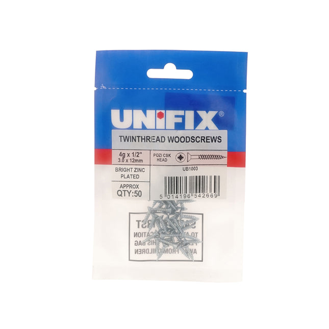 Unifix Twinthread Woodscrews Pozi Countersunk Head Bright Zinc Plated CE - 7G x 1" (3.9 x 25mm) (Box of 250)