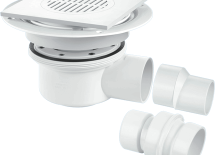 McAlpine TSG52T6WH Two Piece 50mm Water Seal Trapped Gully, Tile/Grating with removable Grid, 2" Horizontal Outlet and 2" x 1½" Socket Reducer