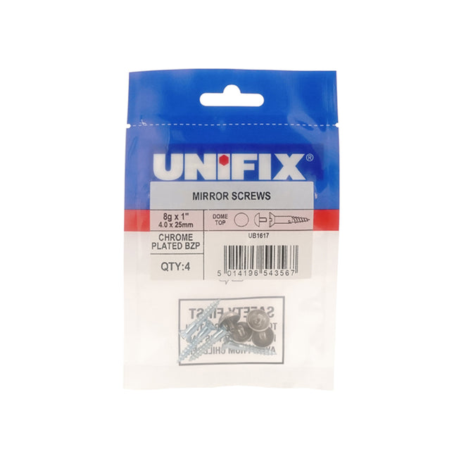 Unifix Mirror Screws Dome Top Chrome Plated Bright Zinc Plated 8G x 1" (4.0 x 25mm) (Box of 20)