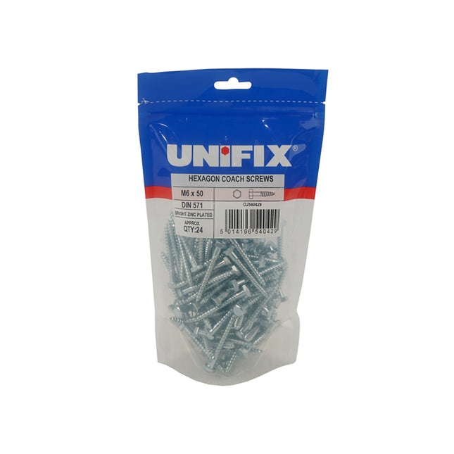 Unifix Coach Screws Hexagon Head DIN 571 Bright Zinc Plated - M10 x 80 (Box of 140)