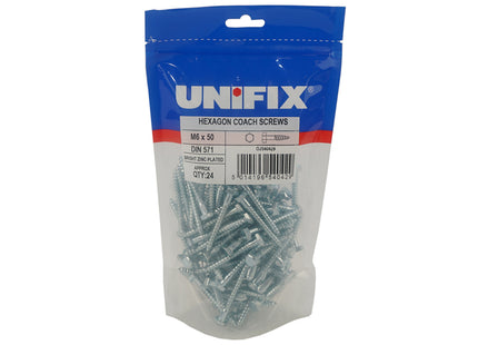 Unifix Coach Screws Hexagon Head DIN 571 Bright Zinc Plated - M10 x 130 (Box of 90)