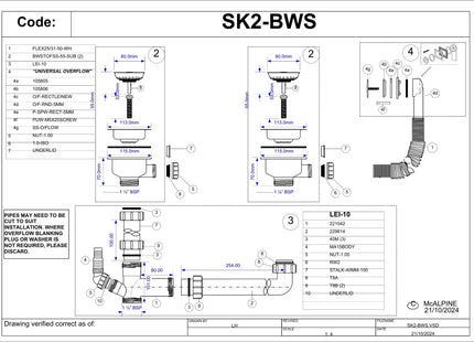 McAlpine SK2-BWS Kitchen Sink Waste Kit with 2 Basket Strainer Wastes (No Trap) | Dual Bowl Compatible | Durable Waste Kit for Kitchen Sinks | Easy Installation