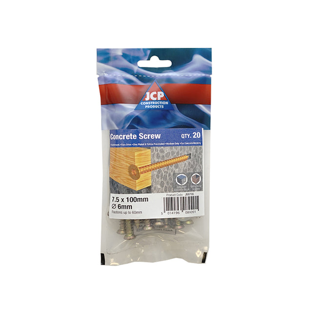 JCP Fixings Concrete Screws Countersunk Head Inc White Cover Cap & T30 Drive Bit ZYP - 7.5 x 120mm (Box of 50)
