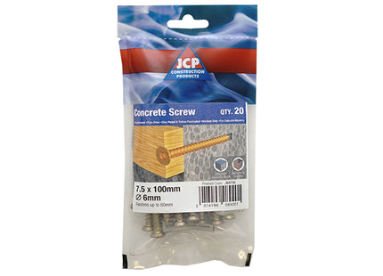JCP Fixings Concrete Screws Countersunk Head Inc White Cover Cap & T30 Drive Bit ZYP - 7.5 x 60mm (Box of 100)