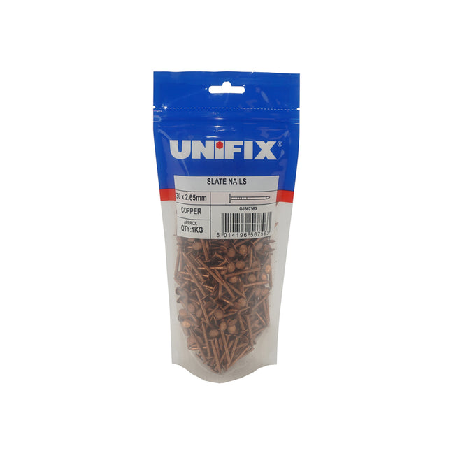 Unifix Copper Slate Nails - 30 x 2.65mm (1Kg Bag) (Box of 5)