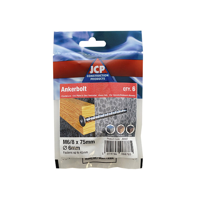 JCP Fixings Ankerbolts Countersunk Head Bright Zinc Plated - 6/8 x 100mm (Box of 20)