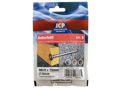 JCP Fixings Ankerbolts Countersunk Head Bright Zinc Plated - 6/8 x 75mm (Box of 20)
