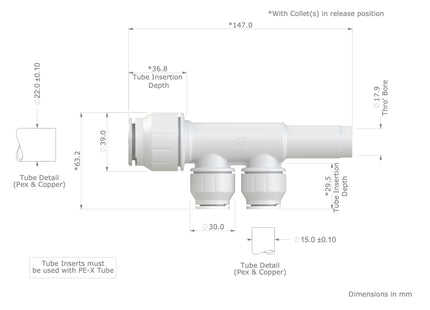 John Guest Speedfit 22mm x 15mm 2 Port Manifold With Stem PEM582215AW