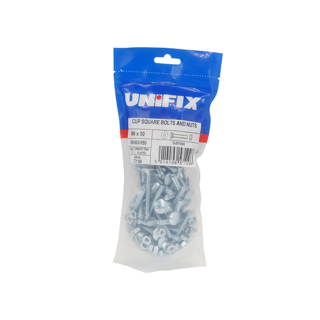 Unifix Grade 4.8 Cup Square Hex Bolts And Nuts DIN 603/555 Bright Zinc Plated - M10 x 75 (Box of 125)