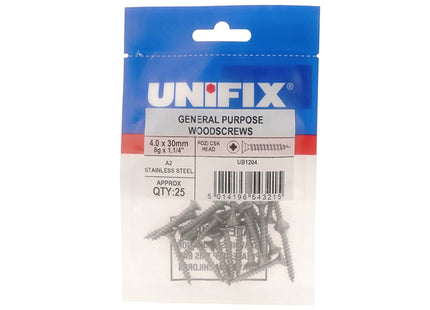 Unifix A2-304 Stainless Steel General Purpose Chippy Woodscrews Pozi Countersunk Head - 4.0 x 40mm (Box of 125)