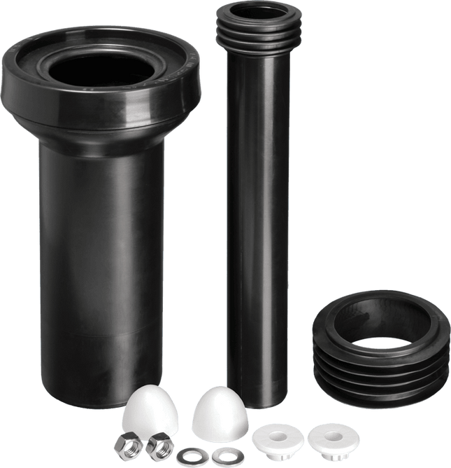 McAlpine FPKIT-3 WC Frame Connector Kit comprising WC Connector with 90mm plain end, 110mm outlet seal, flush pipe with finned seal connector and fixing bolts and caps.