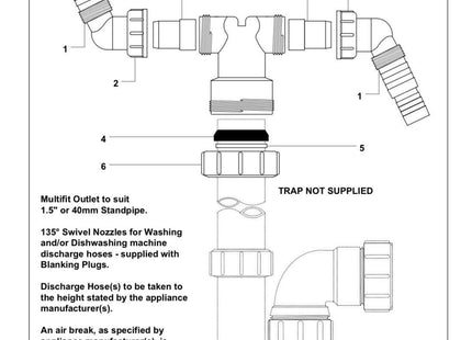 McAlpine V33WM Twin Connector for plumbing two domestic appliance discharge hoses into Standpipe Trap (Dishwasher & Washing Machine)