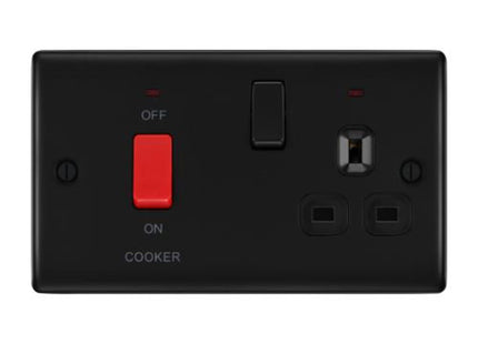BG Electrical Matt Black 45A Cooker Control Unit with Red Rocker & Neon Black