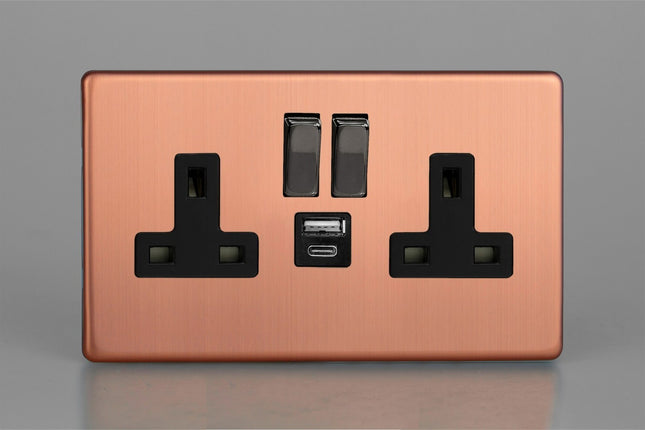 Varilight Double Socket With 20W Shared Usb A & C Charging Ports Brushed Chrome