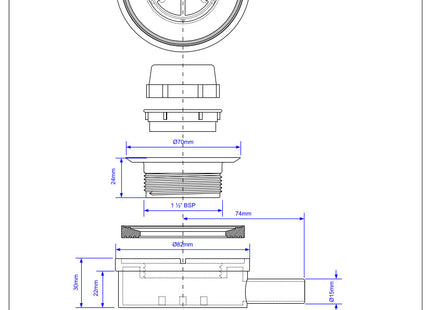 McAlpine UPSW-2 Pumped Shower Waste Outlet: 70mm Chrome Plated Brass Flange with Top Access x 15mm Plain Tail Outlet