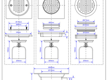 McAlpine TSG3-T150SS 75mm Water Seal Trapped Gully, Tile/Grating with removable Grid, 1½" Side Inlet for waste pipe and 110mmØ or 1½" Vertical Outlet