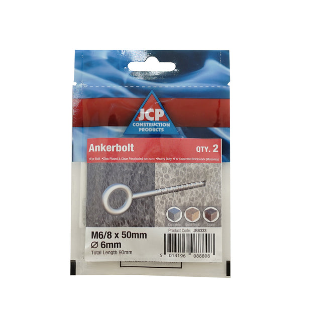 JCP Fixings Eye Bolts Bright Zinc Plated - 6/8 x 50mm (Box of 10)