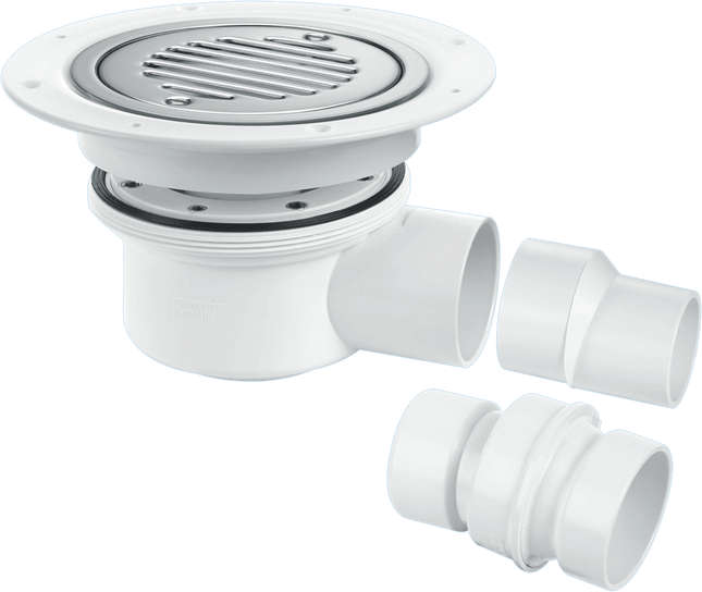 McAlpine TSG52SS-SL-SC Two-Piece 50mm Water Seal Trapped Gully, Clamp Ring and Cover Plate, 2" Horizontal Outlet and 2" x 1½" Socket Reducer