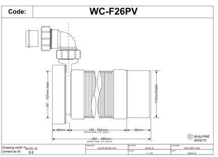 McAlpine WC-F26PV 97-107mm Inlet x 110mm Plain End Outlet Straight Flexible WC Connector with 1¼ Universal Vent Boss.