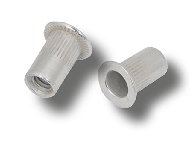 JRP Riveting Products M12 x 25.0 (1.0-4.0) Aluminium Flat Head Round Knurled Body JRP Rivet Nuts (Box of 100)