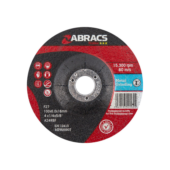 Abracs Proflex Depressed Centre Metal Grinding Disc - 100 x 6 x 16mm (Box of 25)