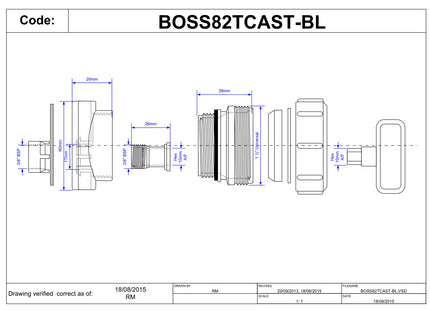 McAlpine BOSS82TCAST-BL Black Mechanical Two Piece Cast Iron Soil Pipe Boss Connector to suit 22mm drill size, supplied with fixing tool