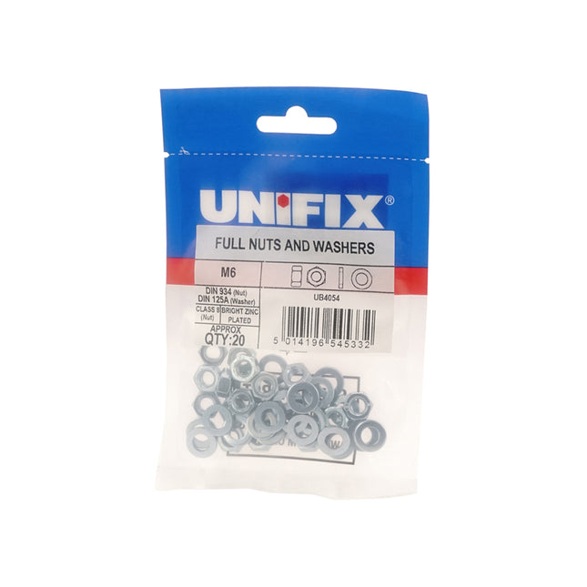 Unifix Class 8 Full Nuts DIN 934 & Form A Washers DIN 125A Bright Zinc Plated - M6 (Box of 100)
