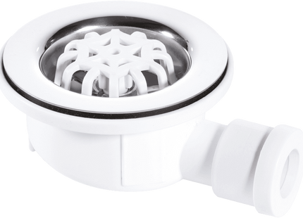 McAlpine UPSW-1 Pumped Shower Waste Outlet: 70mm Polished Stainless Steel Flange with Plastic Strainer Grid and 15mm 'O' Ring Pushfit Outlet
