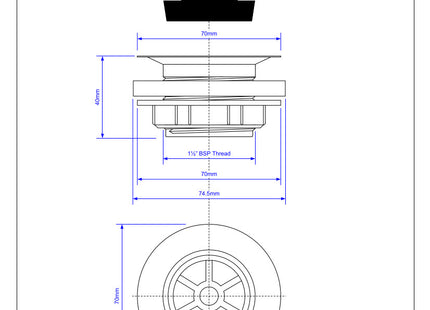 McAlpine BSW10 1½" Backnut Bath Waste: 70mm Stainless Steel Flange x 1½" Tail: Unslotted: Plug