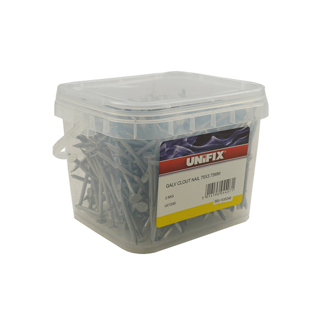 Unifix Galvanised Clout Nails 2.5Kg Tubs - 75mm x 3.75 (Box of 4)