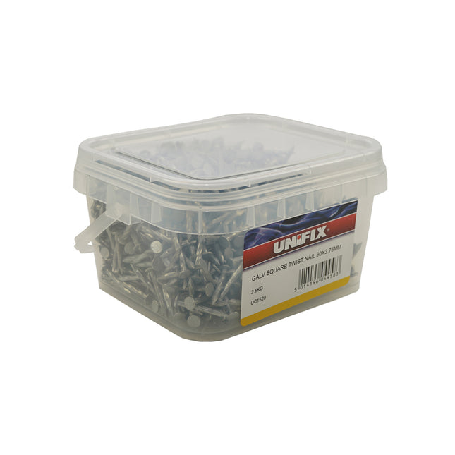 Unifix Galvanised Sq Twisted Nails 2.5Kg Tubs - 30mm x 3.75 (Box of 4)