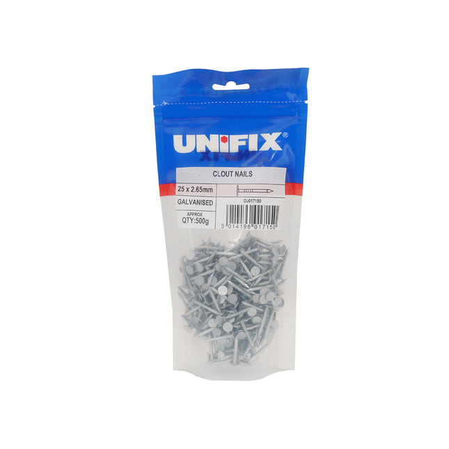 Unifix Galvanised Clout Nails - 65 x 3.75mm (500g Bag) (Box of 5)