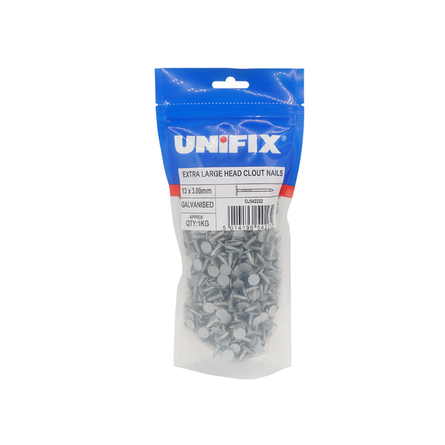 Unifix Galvanised Extra Large Head Clout Nails - 30 x 3.00mm (500g Bag) (Box of 5)